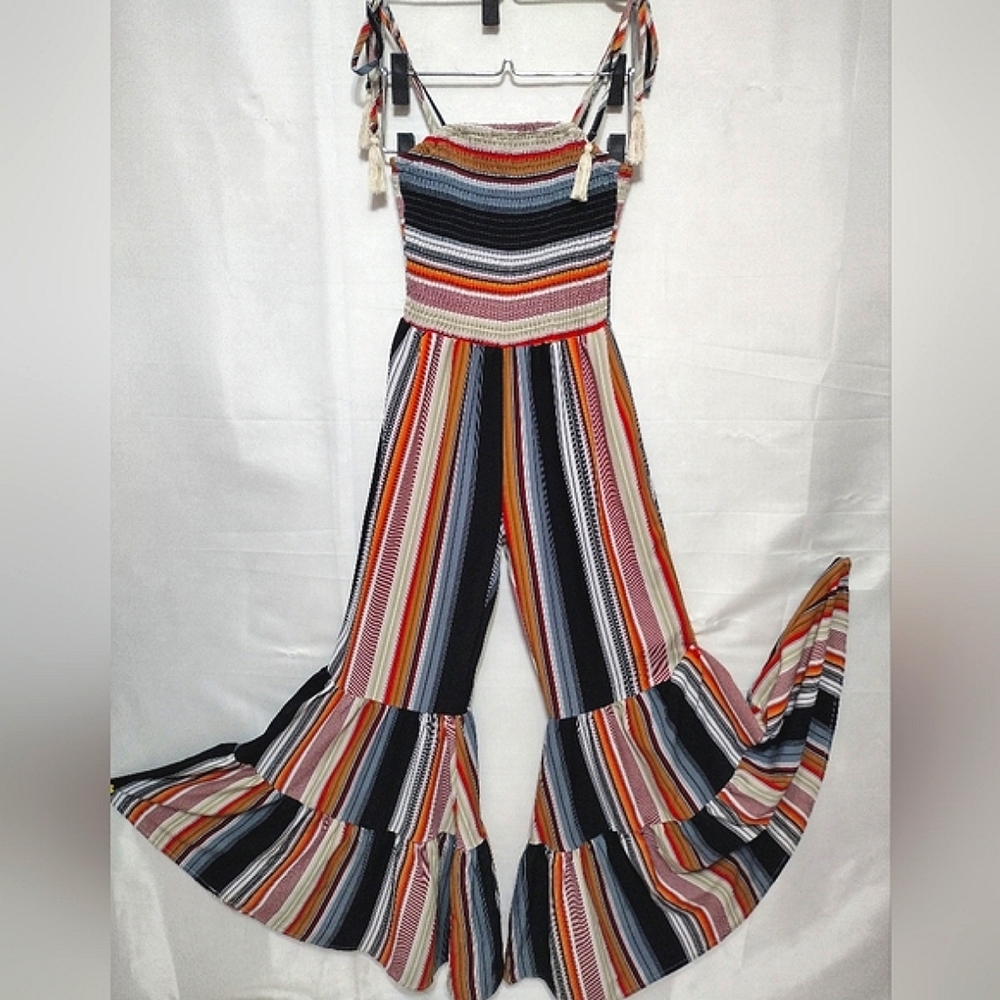 Main Strip Striped Tiered Flare Jumpsuit Tassel Spaghetti Straps Retro Vibe S